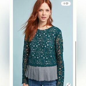 Anthropologie Maeve Elegant Teal Lace Gingham Women Top